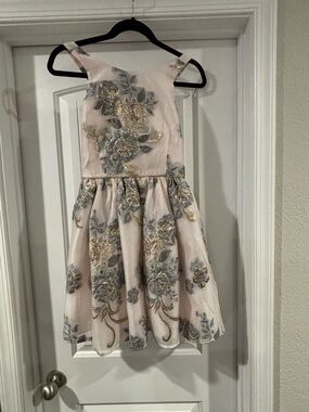 Girls' Blush Pink Floral Embroidered Party Dress